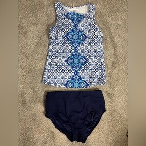 Lands End High Neck‎ Tankini Swim Top Blue Majolica Batik 4 D Padded Bra Modest